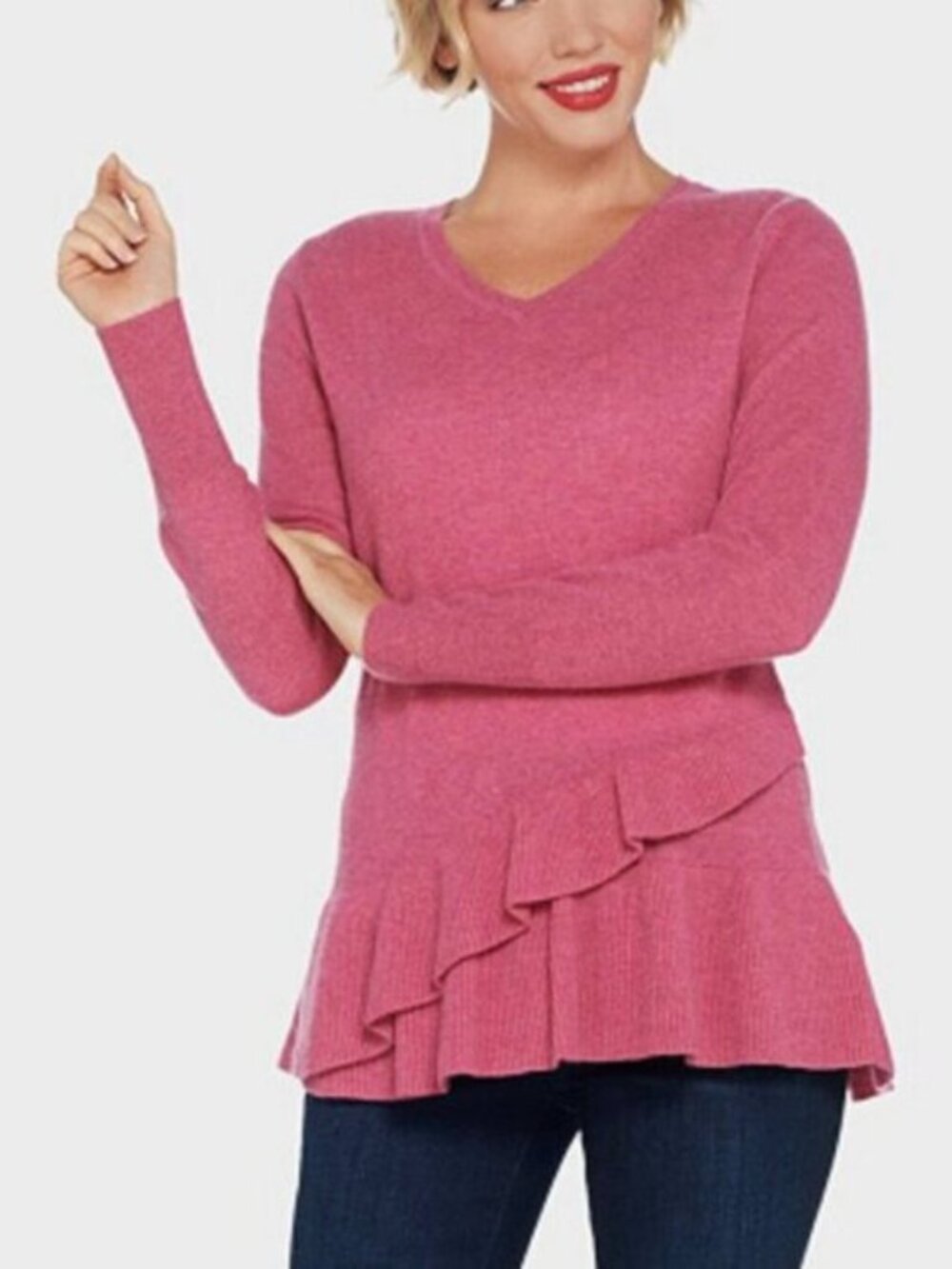 Isaac MIzrahi  Pink 2-Ply Cashmere V neck Ruffle Sweater Small  peplum